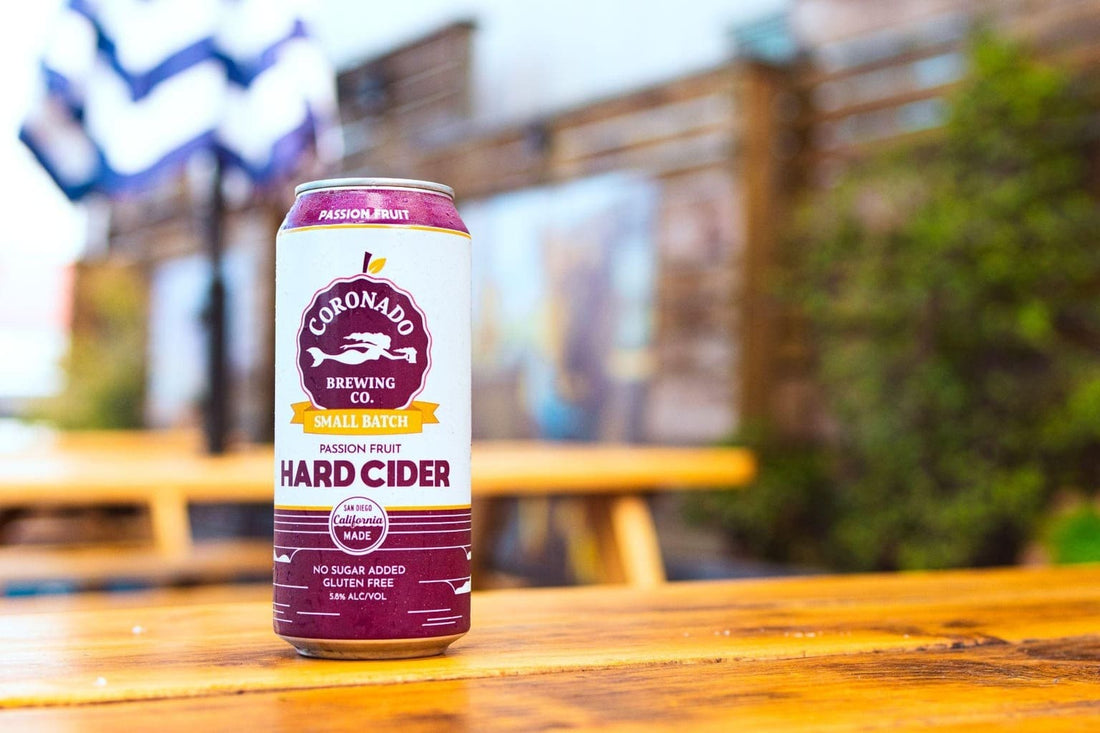 Coronado Passion Fruit Hard Cider can on an outdoor table