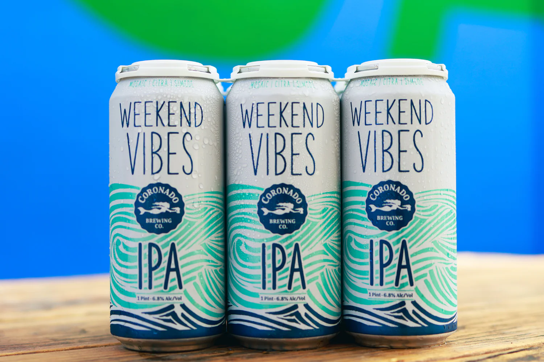 Weekend Vibes IPA cans showing 6.8% alc/vol beer alcohol percentage