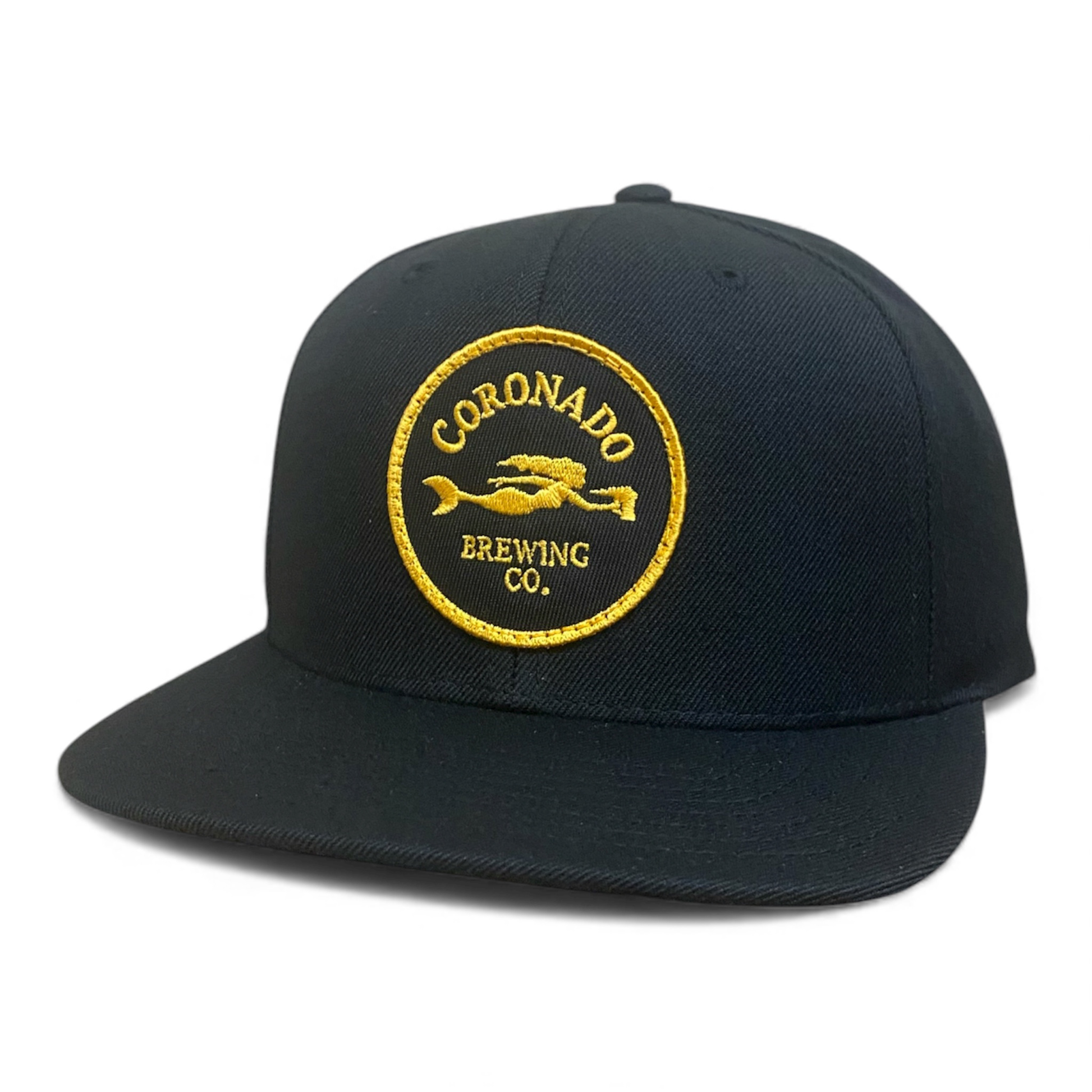 Black cap with yellow embroidered logo on a white background